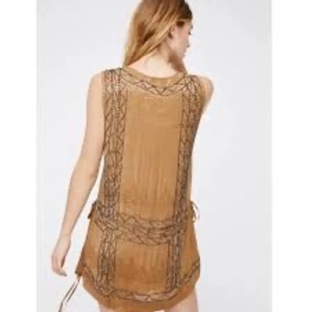 Free People Love Story Mini Dress Tan Beaded Geometric Sleeveless XS OB478319